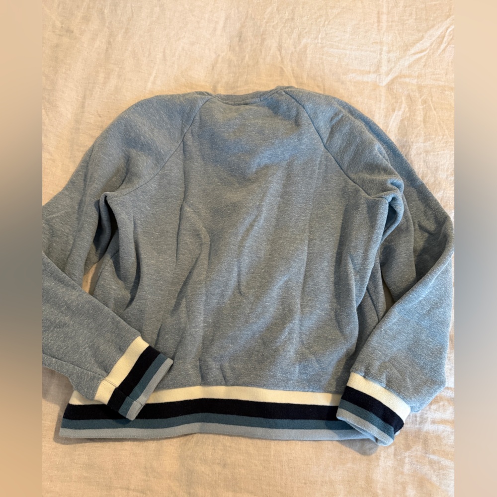 Marine Layer Light Blue Crewneck Sweater with Navy & Cream Stripe Trim - Picture 2 of 3